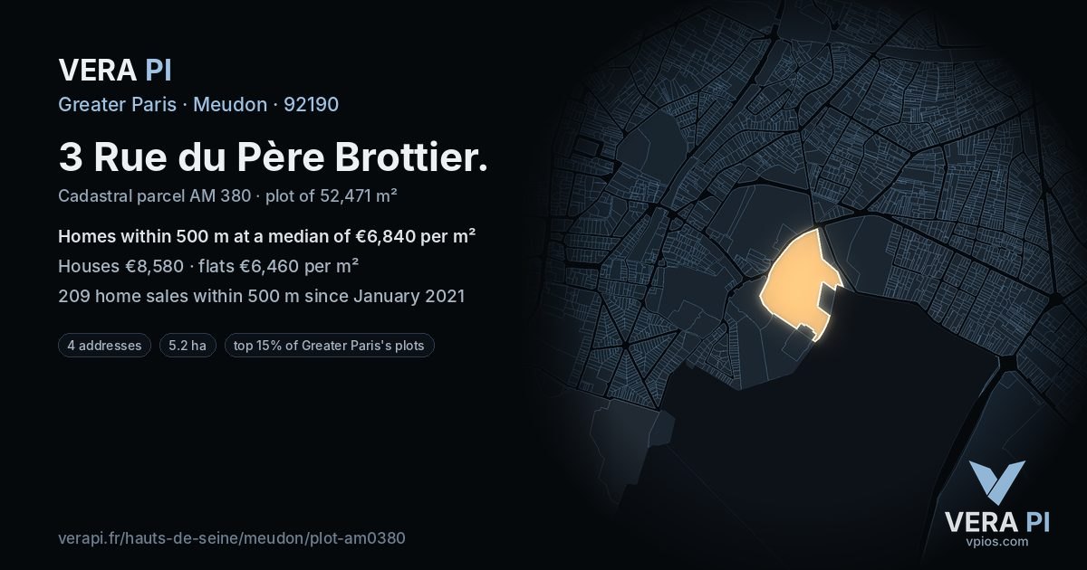 3 Rue du Père Brottier, Meudon at night – the plot lit, the parcels around coloured by the prices near them
