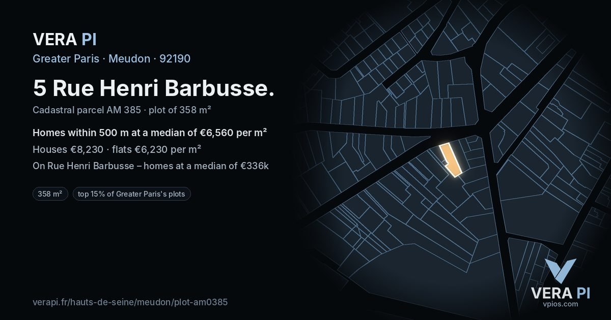 5 Rue Henri Barbusse, Meudon at night – the plot lit, the parcels around coloured by the prices near them