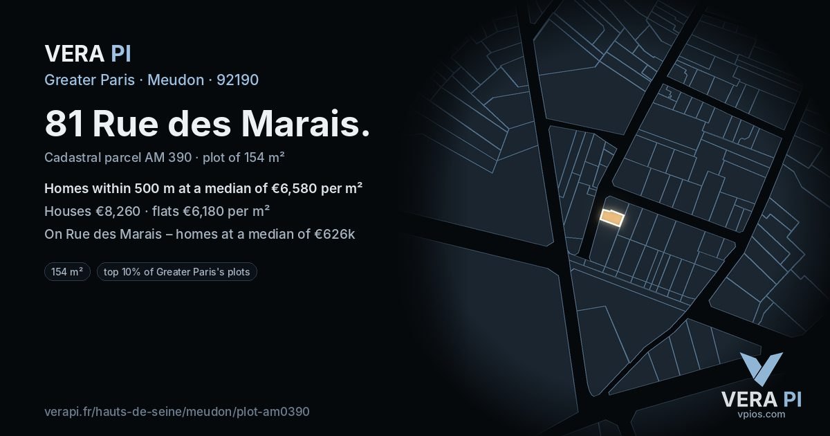 81 Rue des Marais, Meudon at night – the plot lit, the parcels around coloured by the prices near them