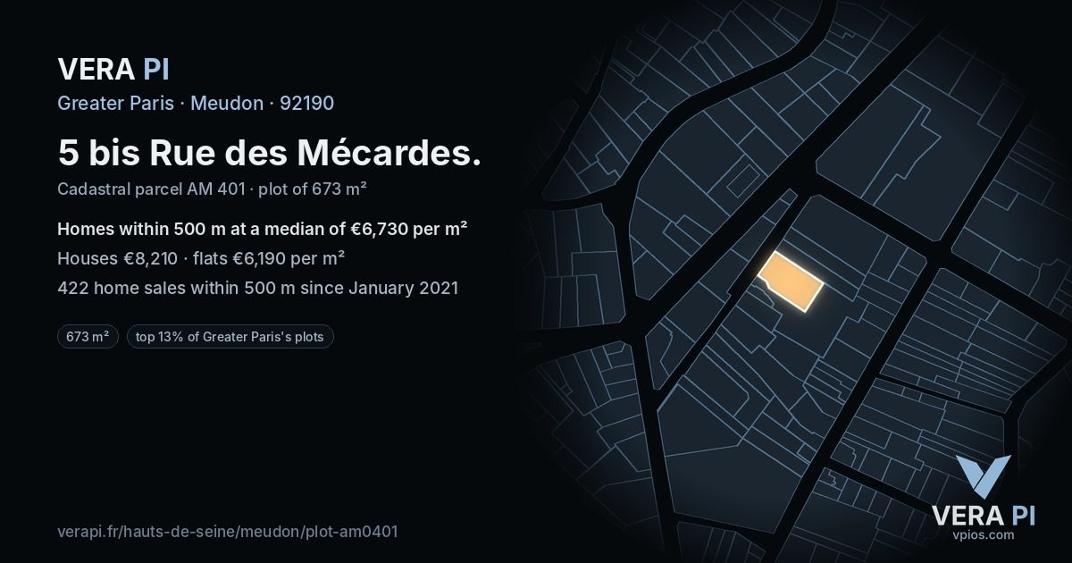5 bis Rue des Mécardes, Meudon at night – the plot lit, the parcels around coloured by the prices near them