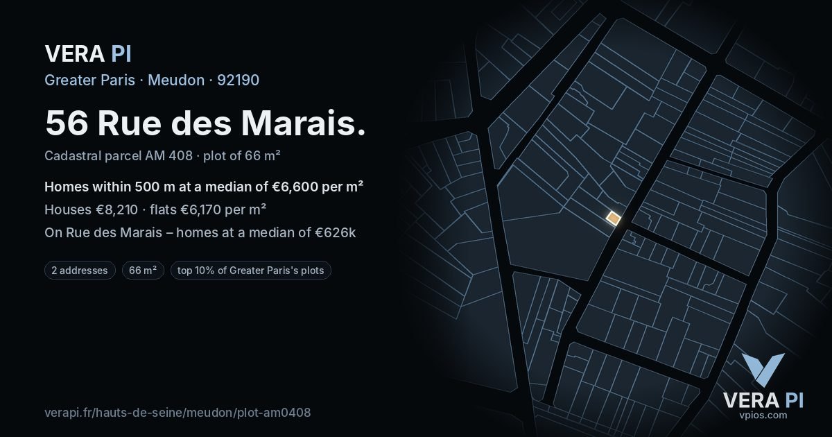 56 Rue des Marais, Meudon at night – the plot lit, the parcels around coloured by the prices near them