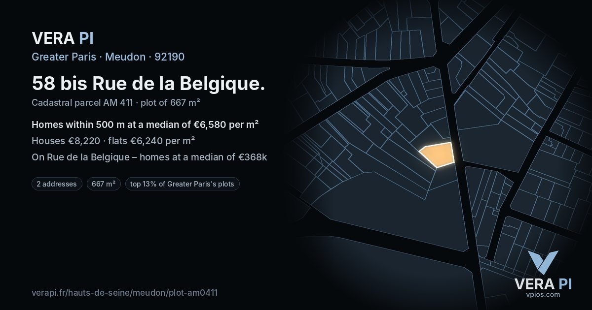 58 bis Rue de la Belgique, Meudon at night – the plot lit, the parcels around coloured by the prices near them