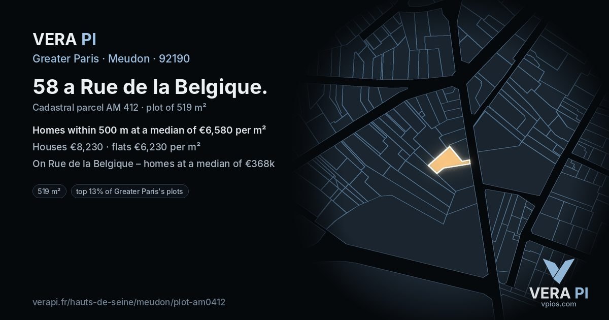 58 a Rue de la Belgique, Meudon at night – the plot lit, the parcels around coloured by the prices near them