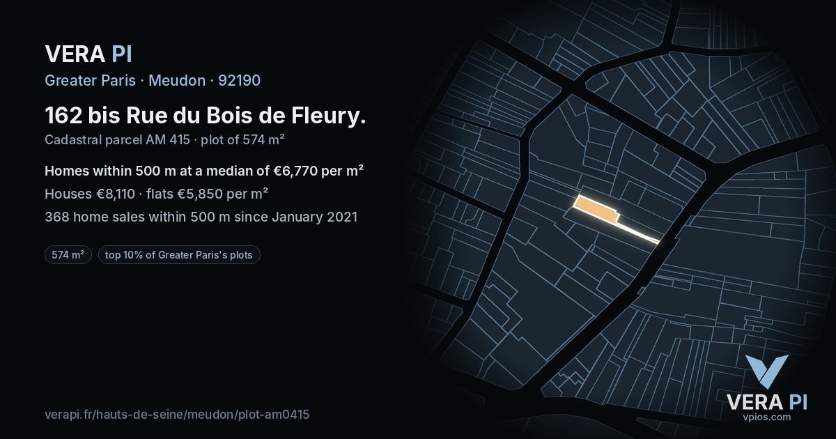 162 bis Rue du Bois de Fleury, Meudon at night – the plot lit, the parcels around coloured by the prices near them