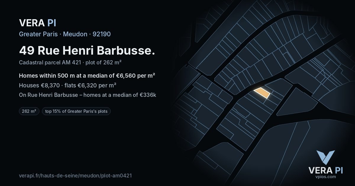 49 Rue Henri Barbusse, Meudon at night – the plot lit, the parcels around coloured by the prices near them