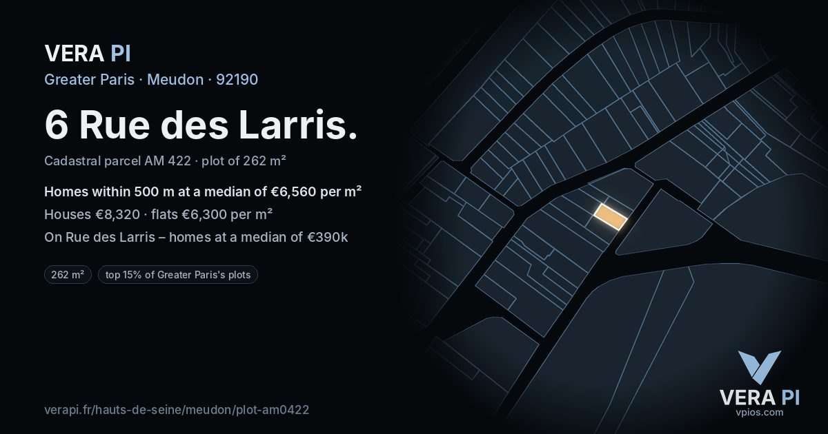 6 Rue des Larris, Meudon at night – the plot lit, the parcels around coloured by the prices near them