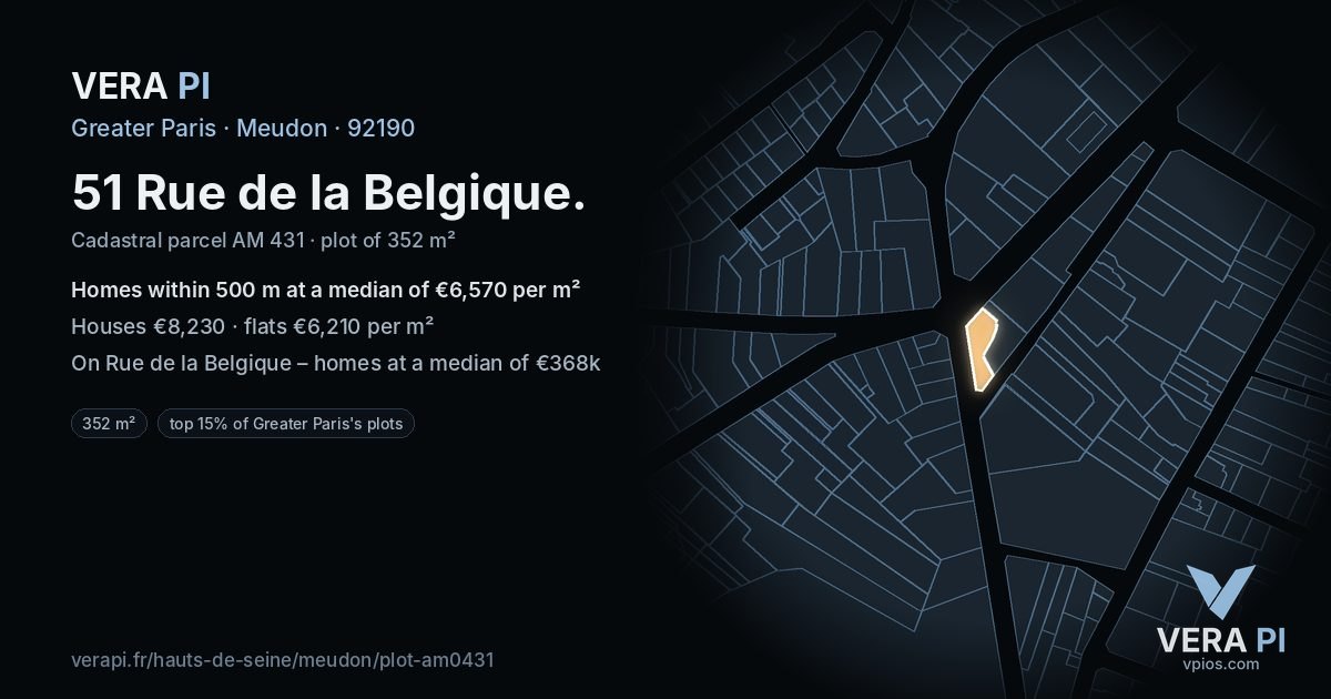 51 Rue de la Belgique, Meudon at night – the plot lit, the parcels around coloured by the prices near them