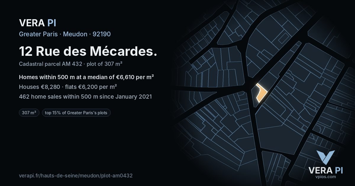 12 Rue des Mécardes, Meudon at night – the plot lit, the parcels around coloured by the prices near them