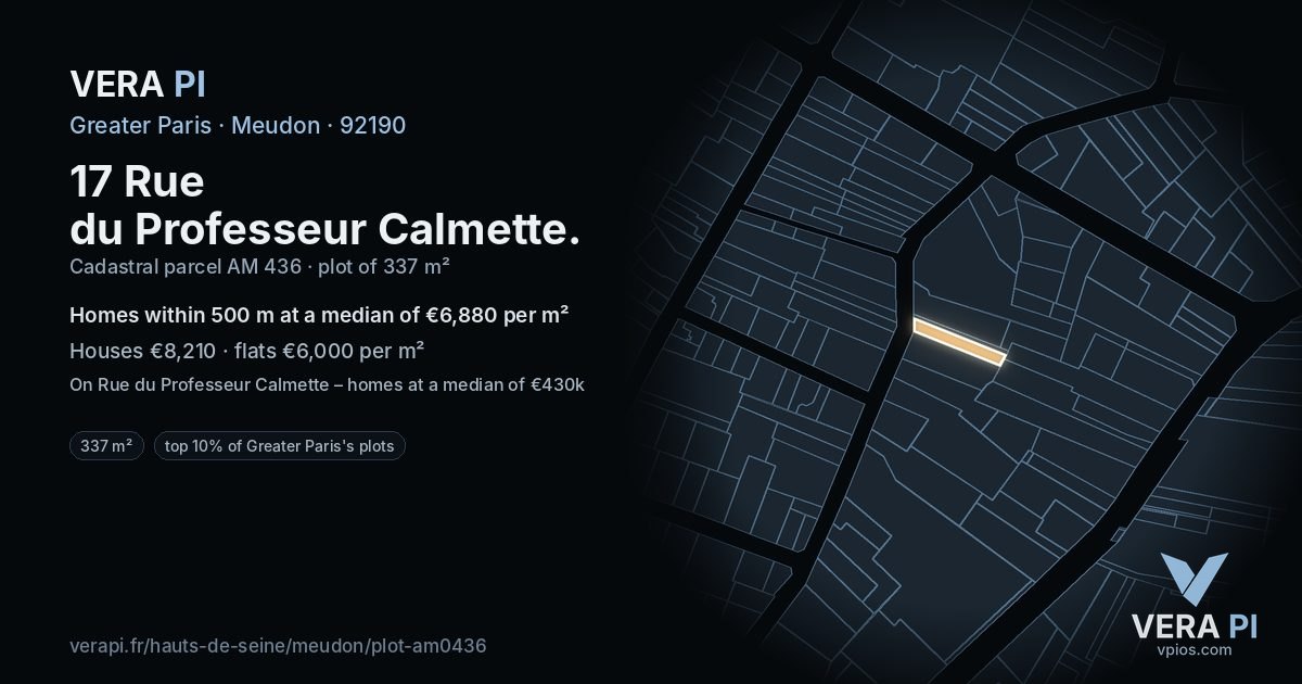 17 Rue du Professeur Calmette, Meudon at night – the plot lit, the parcels around coloured by the prices near them