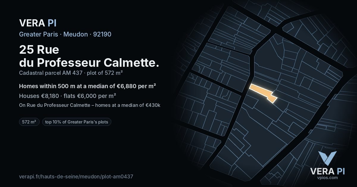 25 Rue du Professeur Calmette, Meudon at night – the plot lit, the parcels around coloured by the prices near them