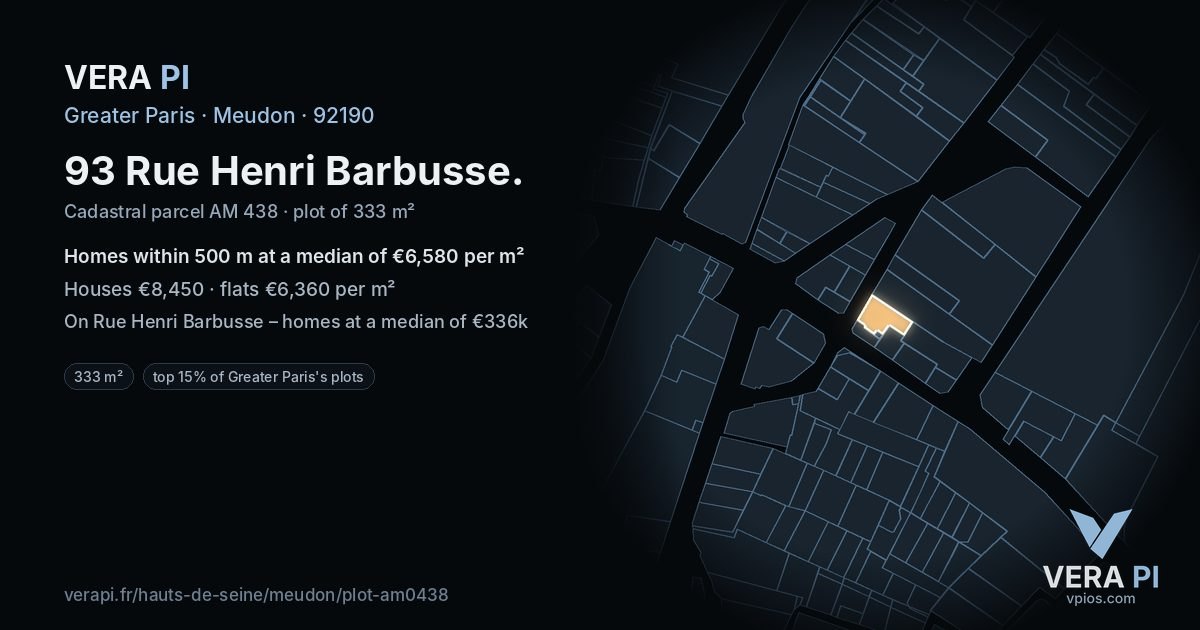 93 Rue Henri Barbusse, Meudon at night – the plot lit, the parcels around coloured by the prices near them