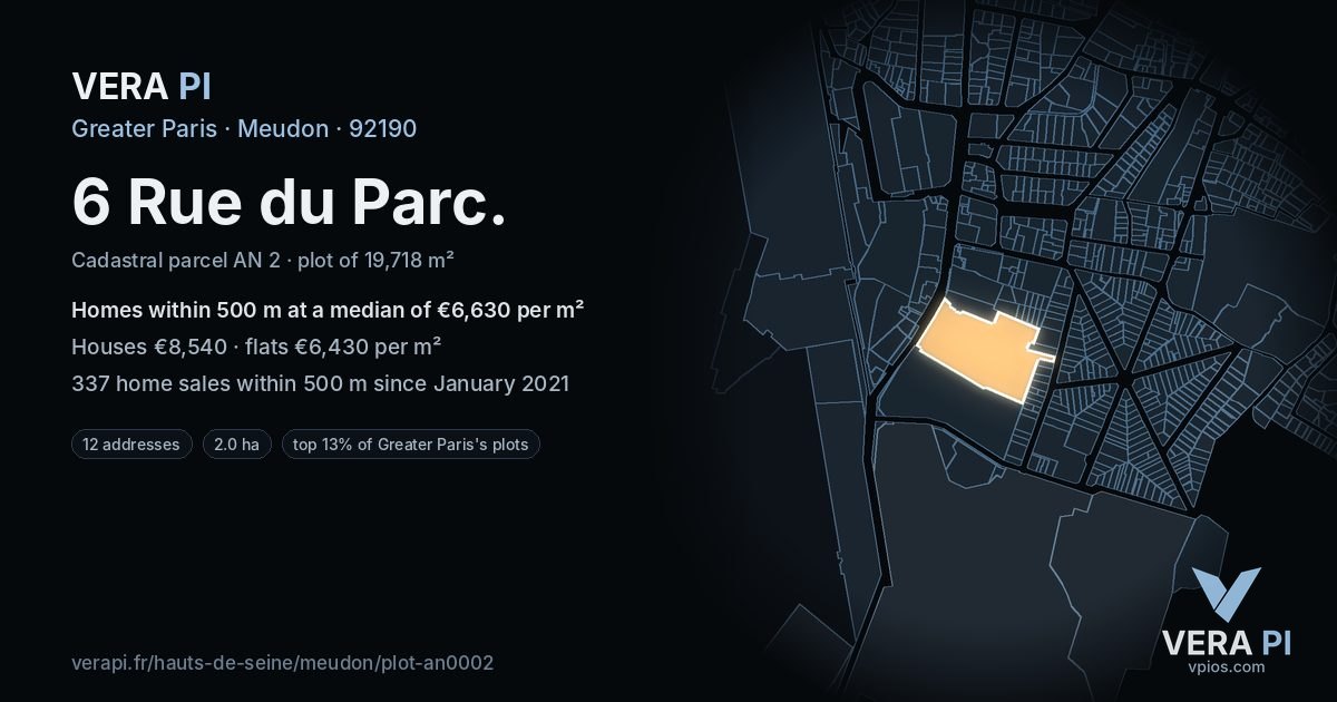 6 Rue du Parc, Meudon at night – the plot lit, the parcels around coloured by the prices near them