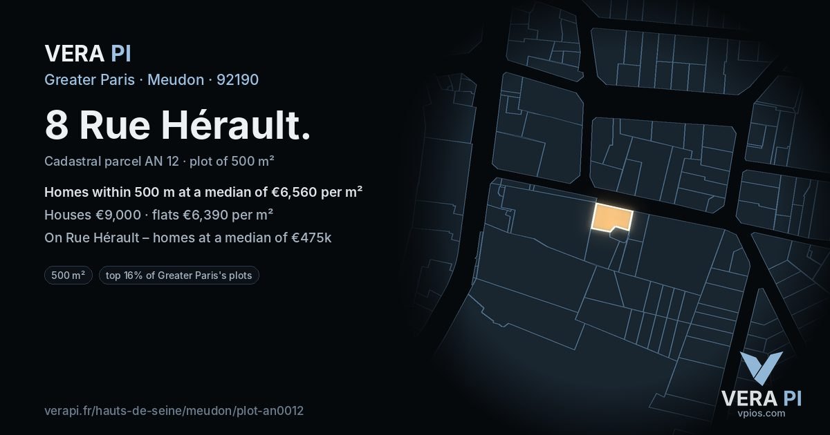 8 Rue Hérault, Meudon at night – the plot lit, the parcels around coloured by the prices near them