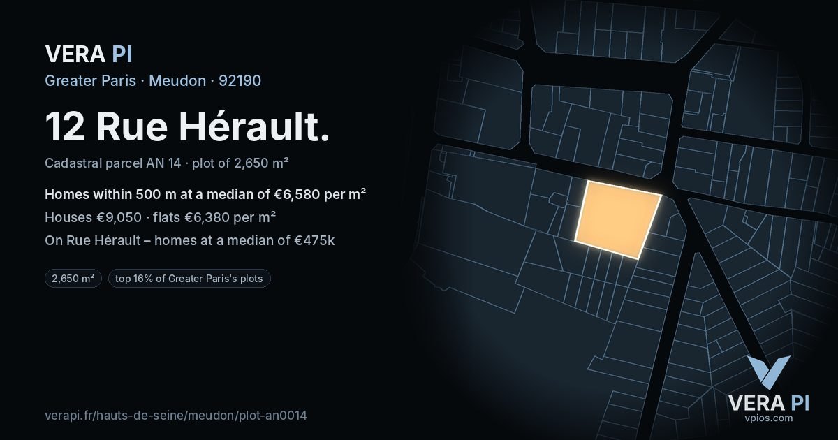 12 Rue Hérault, Meudon at night – the plot lit, the parcels around coloured by the prices near them