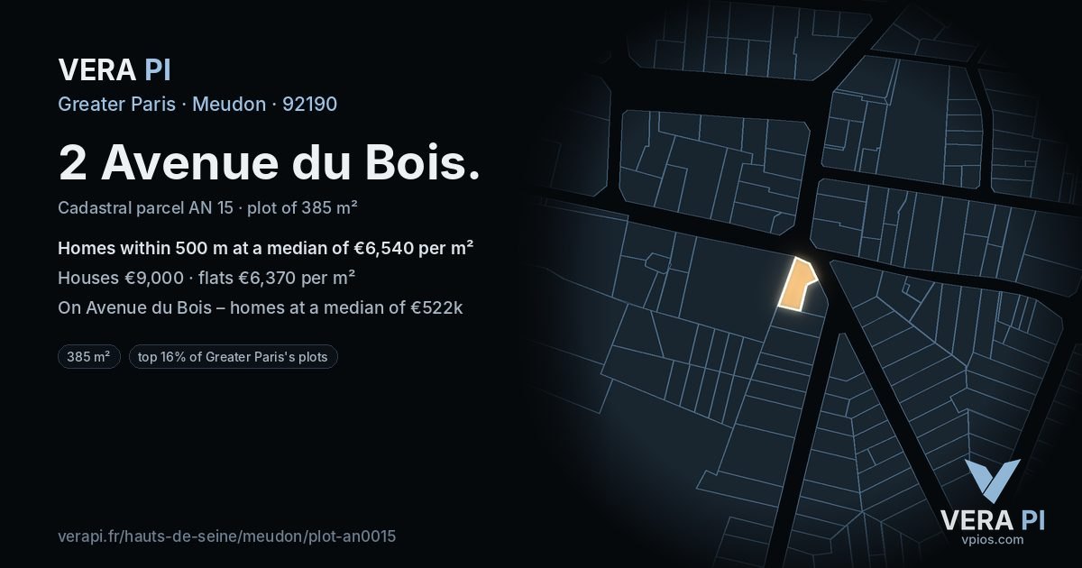 2 Avenue du Bois, Meudon at night – the plot lit, the parcels around coloured by the prices near them