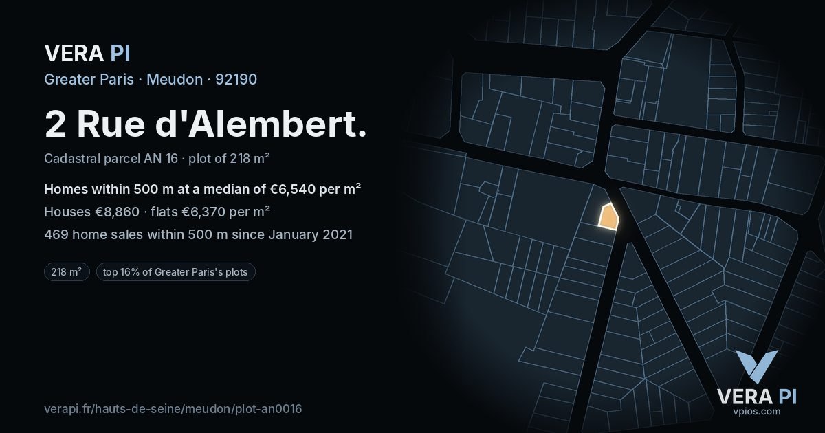 2 Rue d'Alembert, Meudon at night – the plot lit, the parcels around coloured by the prices near them