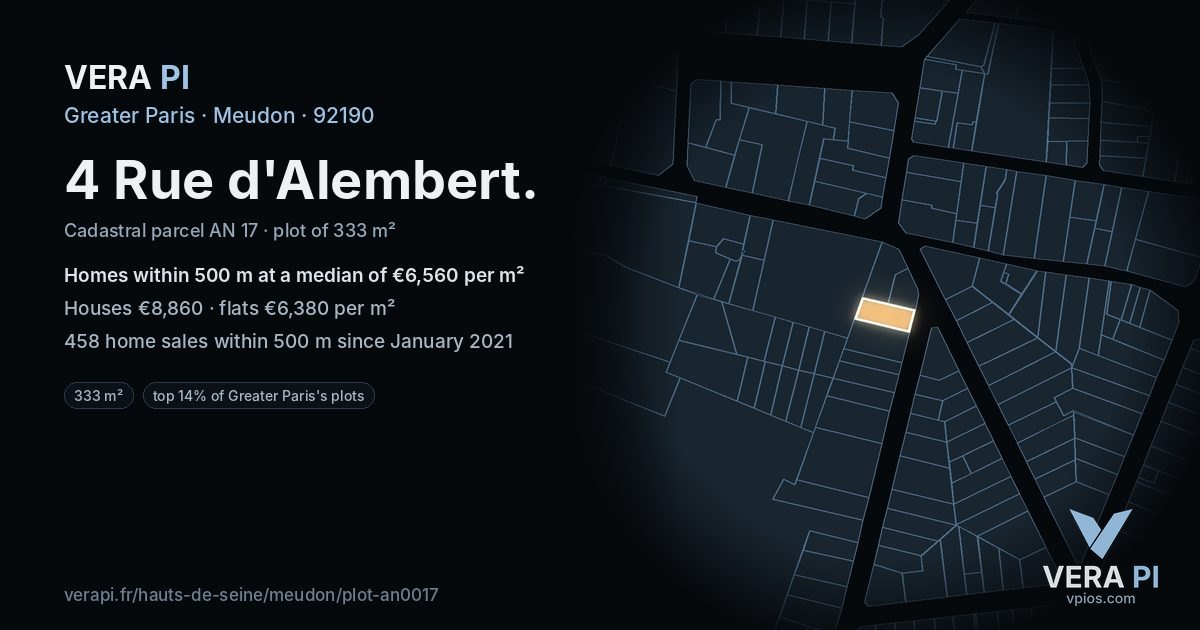 4 Rue d'Alembert, Meudon at night – the plot lit, the parcels around coloured by the prices near them