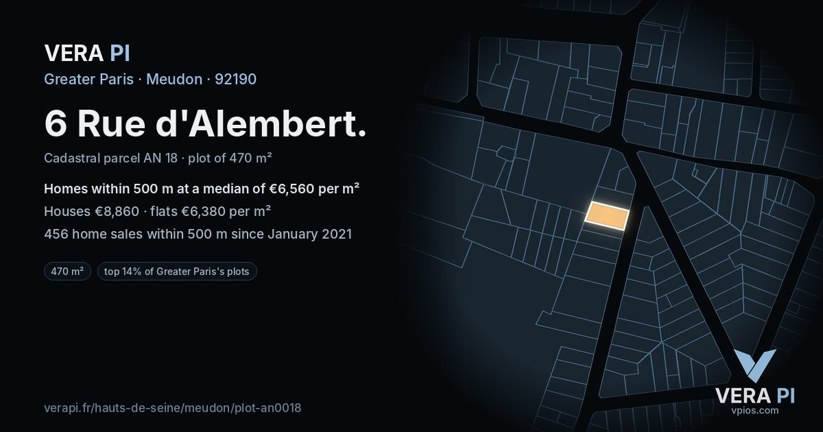 6 Rue d'Alembert, Meudon at night – the plot lit, the parcels around coloured by the prices near them