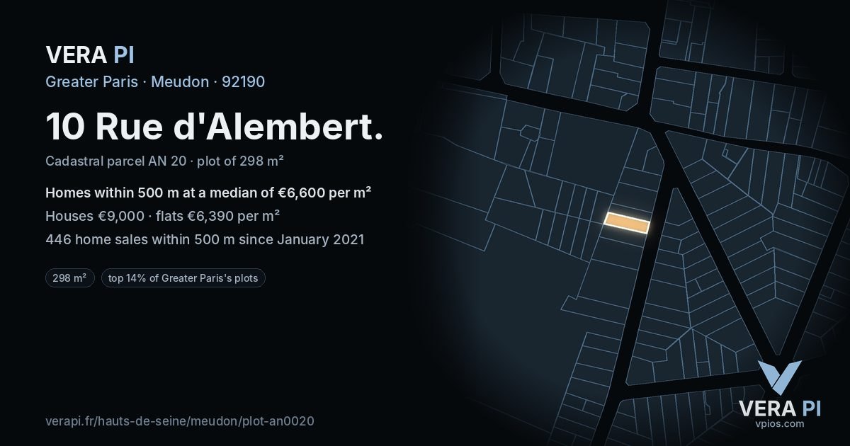 10 Rue d'Alembert, Meudon at night – the plot lit, the parcels around coloured by the prices near them