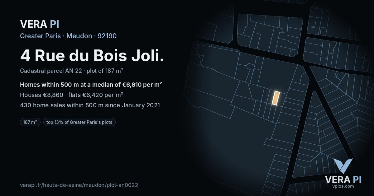 4 Rue du Bois Joli, Meudon at night – the plot lit, the parcels around coloured by the prices near them