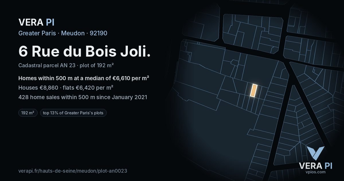 6 Rue du Bois Joli, Meudon at night – the plot lit, the parcels around coloured by the prices near them