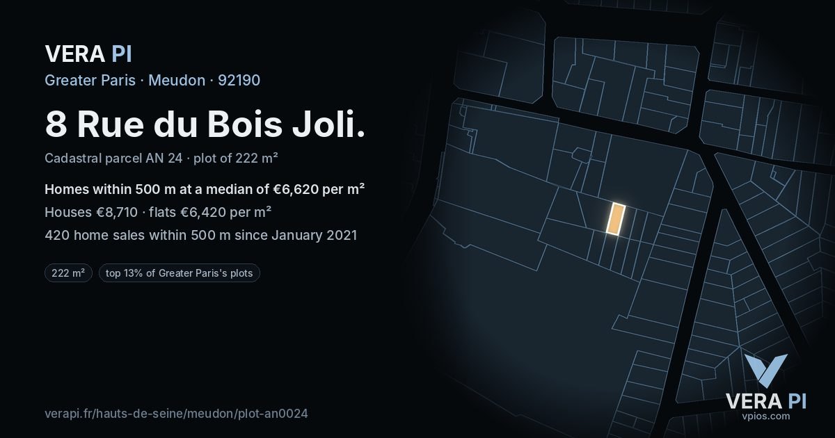 8 Rue du Bois Joli, Meudon at night – the plot lit, the parcels around coloured by the prices near them