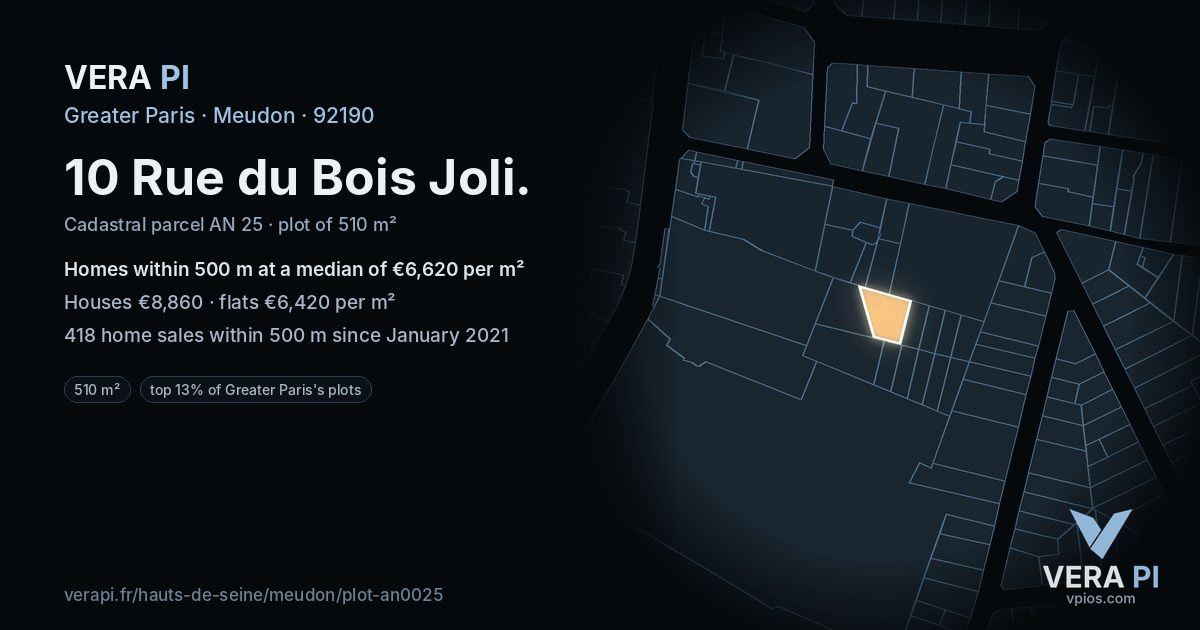 10 Rue du Bois Joli, Meudon at night – the plot lit, the parcels around coloured by the prices near them