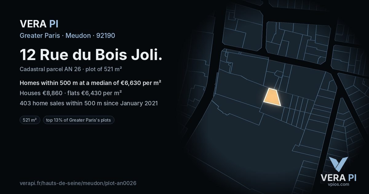 12 Rue du Bois Joli, Meudon at night – the plot lit, the parcels around coloured by the prices near them
