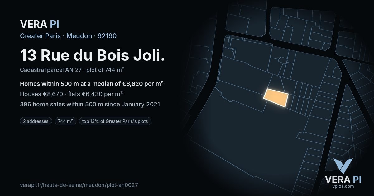 13 Rue du Bois Joli, Meudon at night – the plot lit, the parcels around coloured by the prices near them