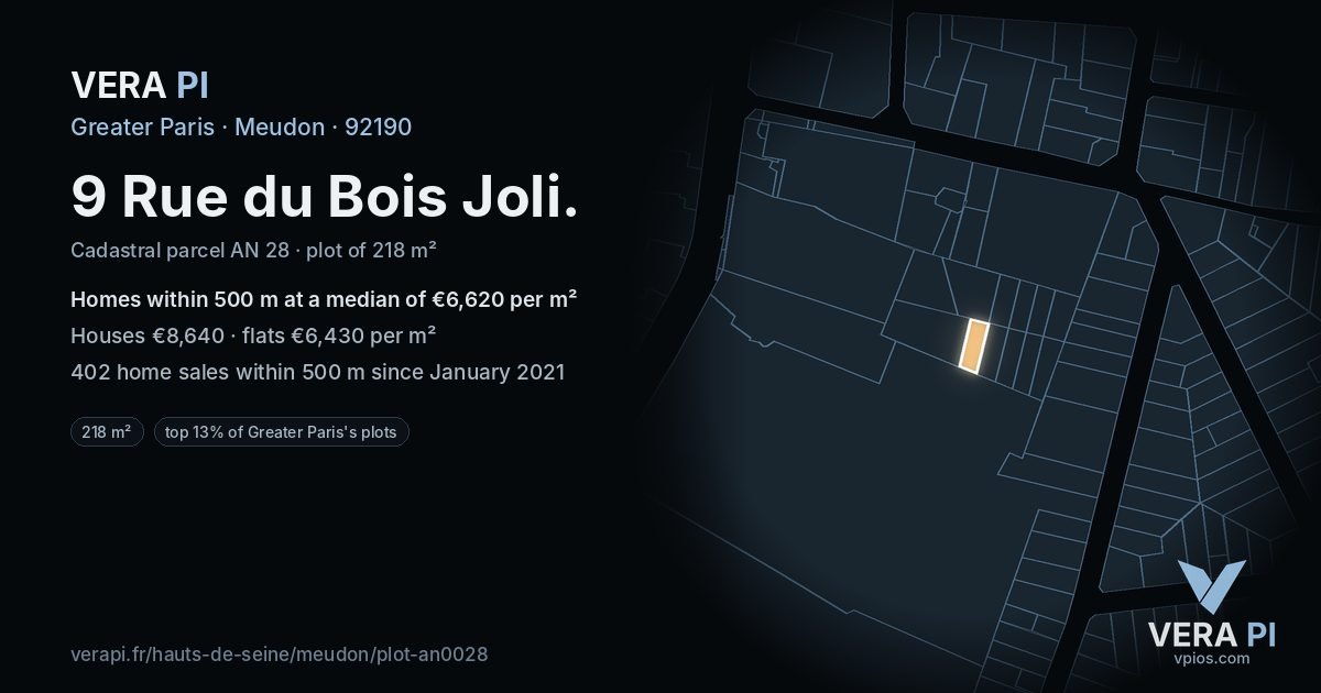 9 Rue du Bois Joli, Meudon at night – the plot lit, the parcels around coloured by the prices near them
