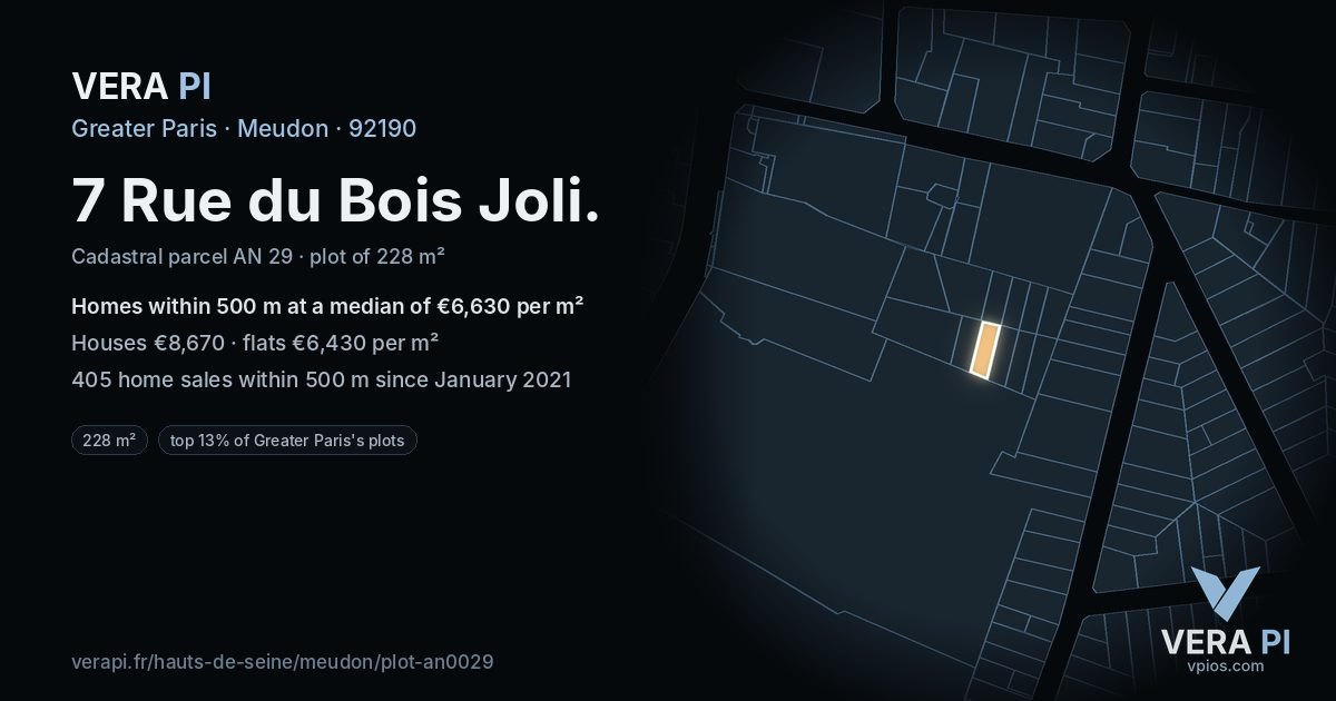 7 Rue du Bois Joli, Meudon at night – the plot lit, the parcels around coloured by the prices near them