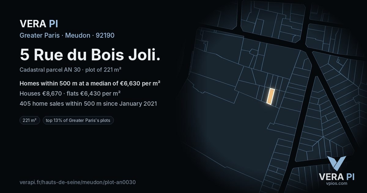 5 Rue du Bois Joli, Meudon at night – the plot lit, the parcels around coloured by the prices near them