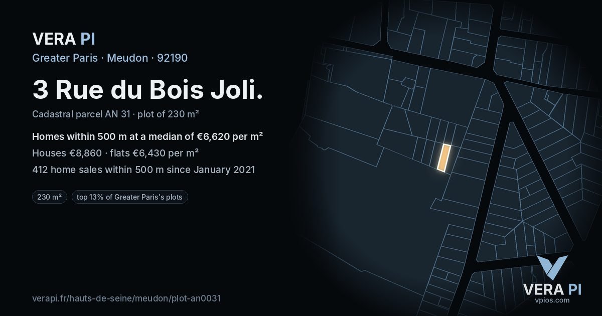3 Rue du Bois Joli, Meudon at night – the plot lit, the parcels around coloured by the prices near them