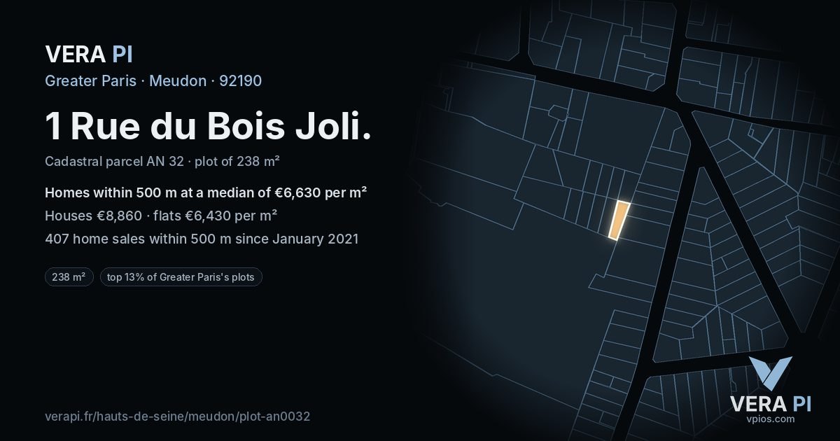 1 Rue du Bois Joli, Meudon at night – the plot lit, the parcels around coloured by the prices near them