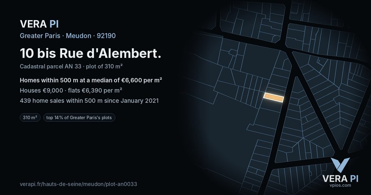 10 bis Rue d'Alembert, Meudon at night – the plot lit, the parcels around coloured by the prices near them