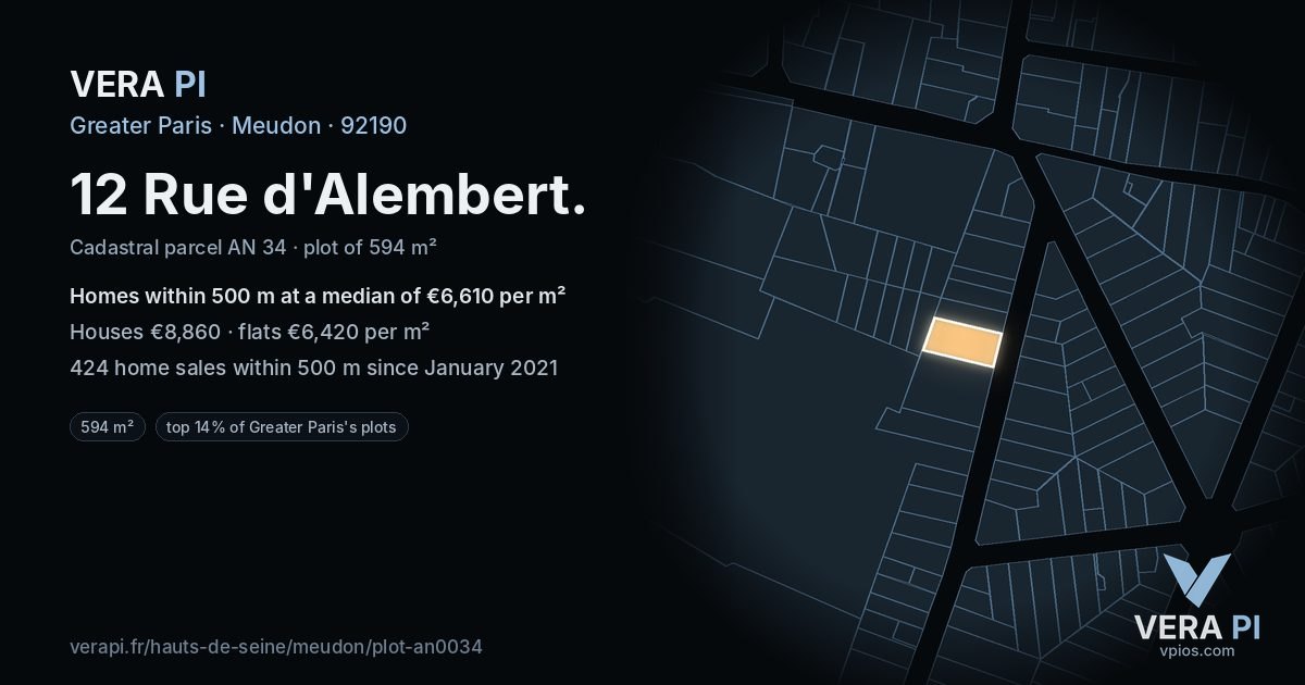 12 Rue d'Alembert, Meudon at night – the plot lit, the parcels around coloured by the prices near them