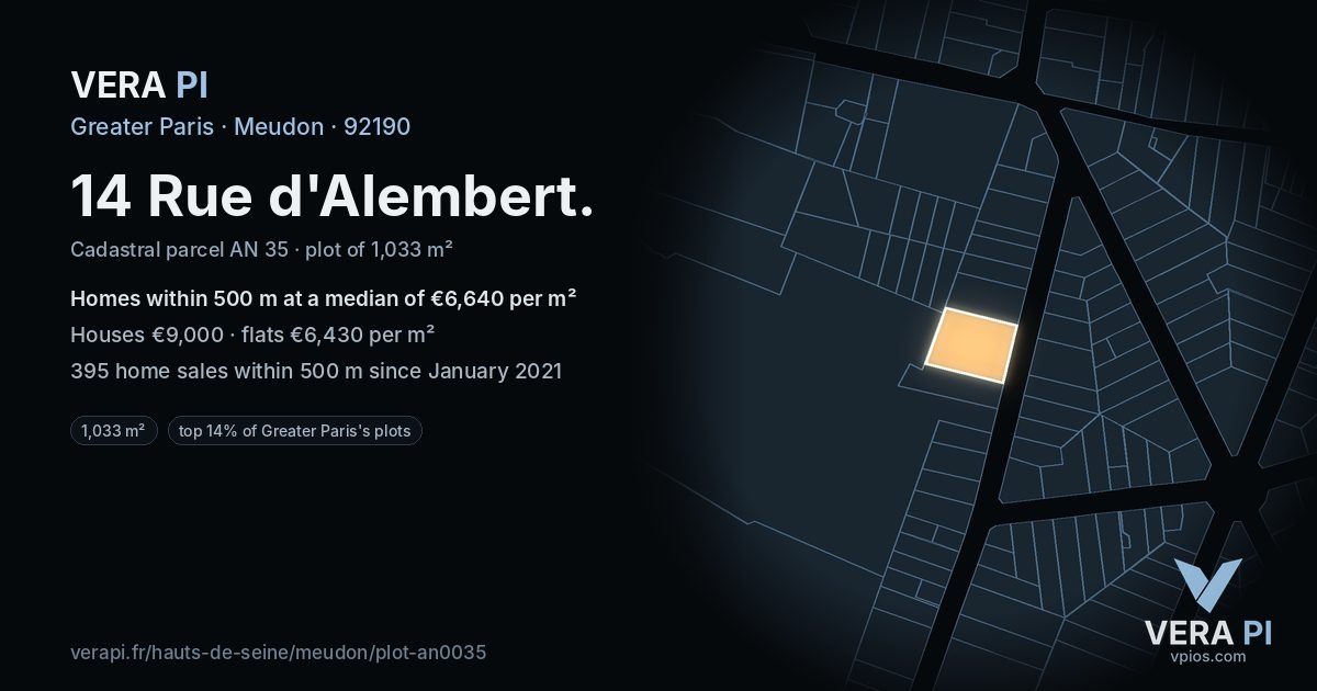 14 Rue d'Alembert, Meudon at night – the plot lit, the parcels around coloured by the prices near them