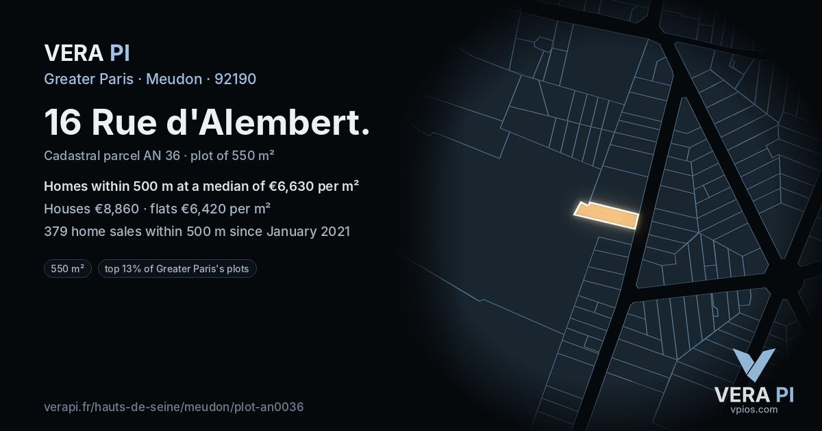 16 Rue d'Alembert, Meudon at night – the plot lit, the parcels around coloured by the prices near them