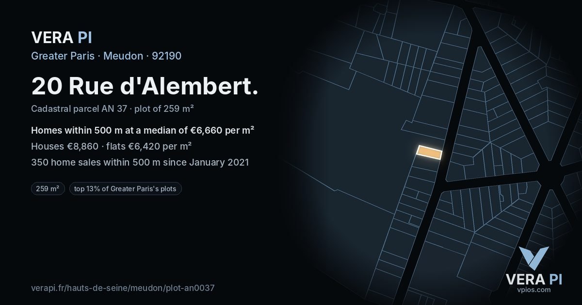 20 Rue d'Alembert, Meudon at night – the plot lit, the parcels around coloured by the prices near them