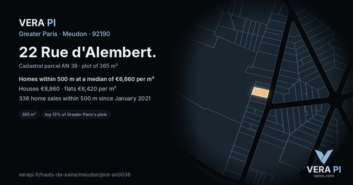 22 Rue d'Alembert, Meudon at night – the plot lit, the parcels around coloured by the prices near them