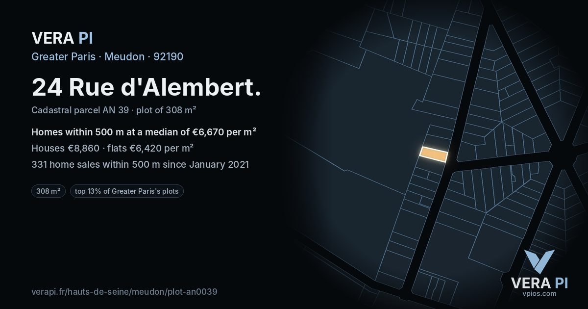 24 Rue d'Alembert, Meudon at night – the plot lit, the parcels around coloured by the prices near them