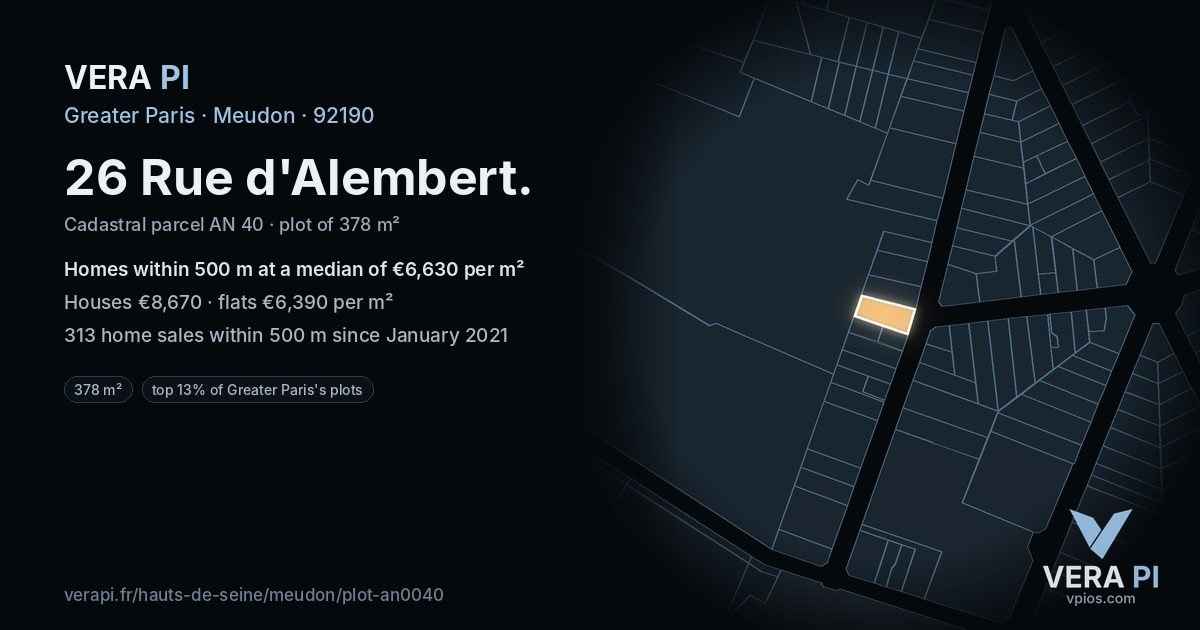 26 Rue d'Alembert, Meudon at night – the plot lit, the parcels around coloured by the prices near them