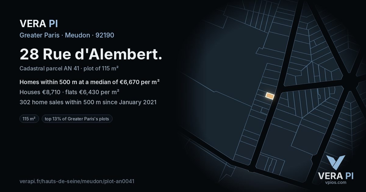 28 Rue d'Alembert, Meudon at night – the plot lit, the parcels around coloured by the prices near them