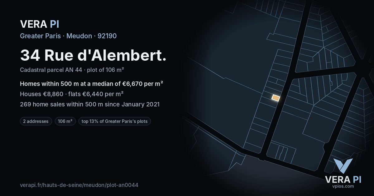 34 Rue d'Alembert, Meudon at night – the plot lit, the parcels around coloured by the prices near them