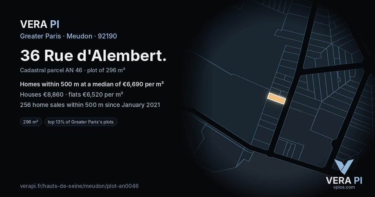 36 Rue d'Alembert, Meudon at night – the plot lit, the parcels around coloured by the prices near them