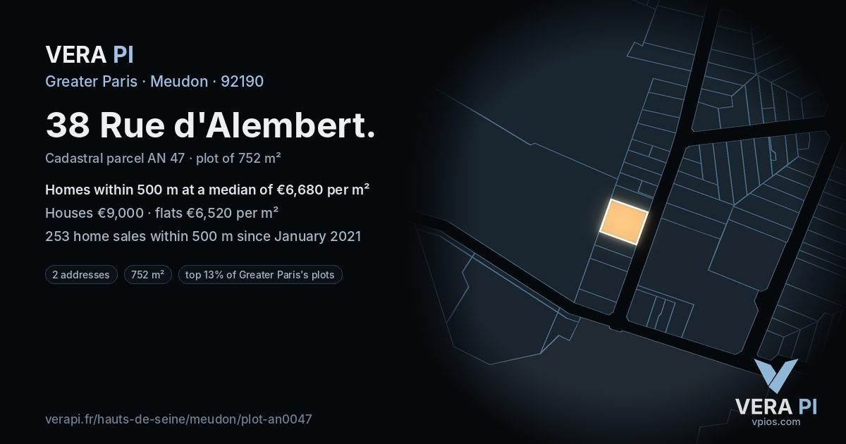 38 Rue d'Alembert, Meudon at night – the plot lit, the parcels around coloured by the prices near them