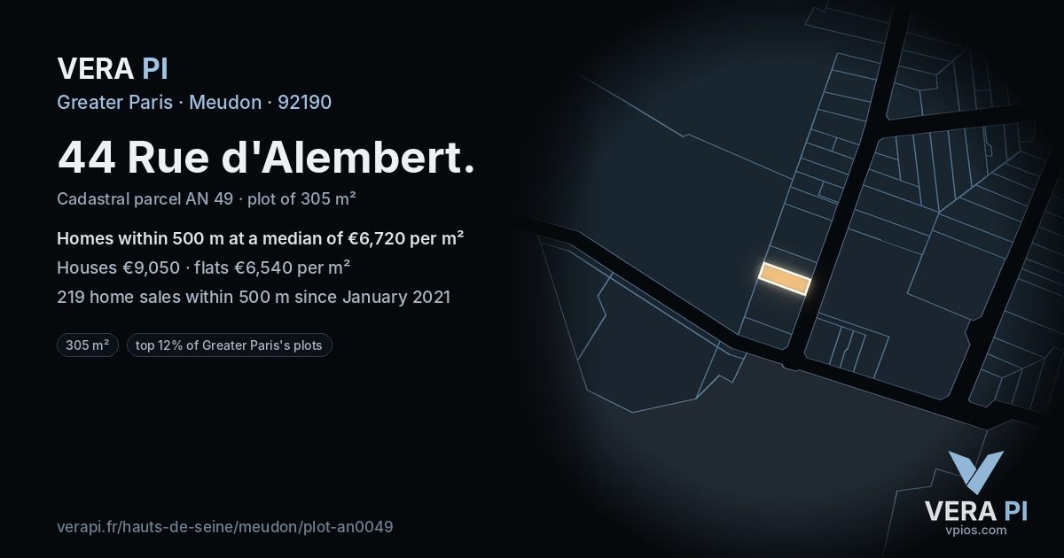 44 Rue d'Alembert, Meudon at night – the plot lit, the parcels around coloured by the prices near them