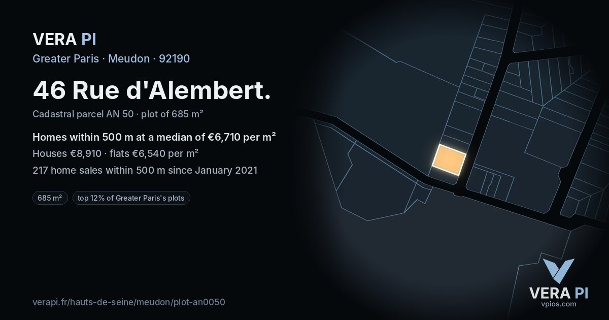 46 Rue d'Alembert, Meudon at night – the plot lit, the parcels around coloured by the prices near them