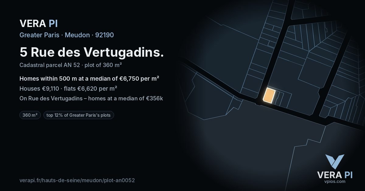 5 Rue des Vertugadins, Meudon at night – the plot lit, the parcels around coloured by the prices near them
