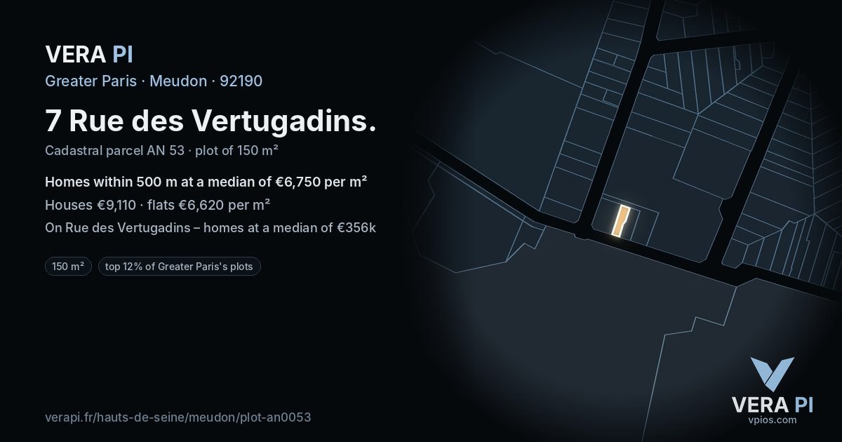 7 Rue des Vertugadins, Meudon at night – the plot lit, the parcels around coloured by the prices near them